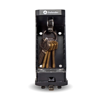 Preview: Schlüsselbox mit Druckknöpfen KeySafe Defender Big schwarz, geöffnetem Deckel, Schlüssel im Innenraum, an der Wand befestigt, in Frontalansicht