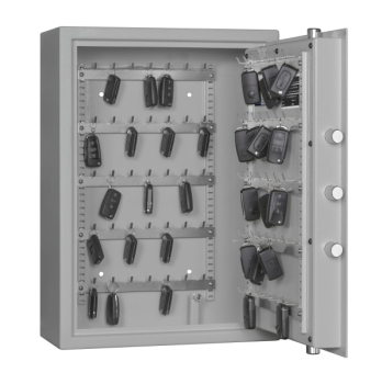 Schlüsseltresor mit Elektronischem Schloss geöffneter Türe und Schlüssel hängend im Innenraum In Frontalansicht