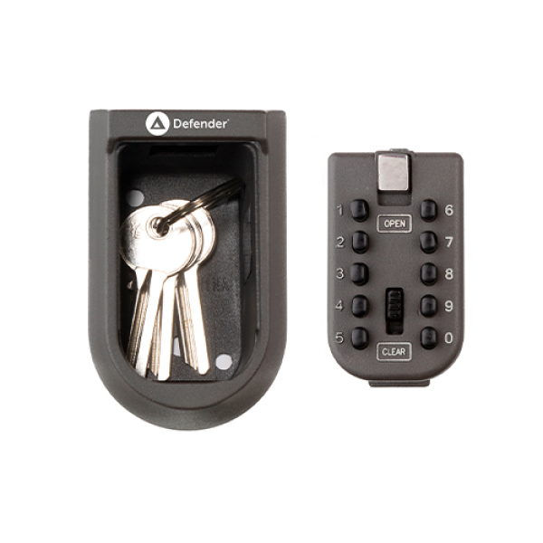 Schlüsselbox mit Druckknöpfen KeySafe Defender Eco dunkelgrau mit Schlüssel im Innenraum und Deckel daneben in Frontalansicht
