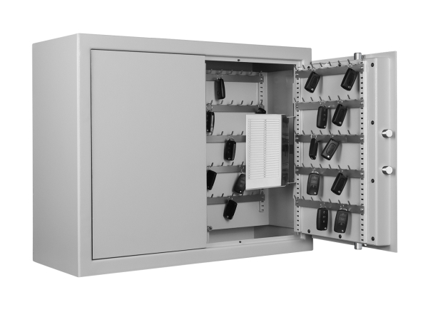 Schlüsseltresor ST 280/GAE mit Elektronikschloss, doppel Türe, halb geöffnet, Schlüssel in Innenbereich in Frontalansicht