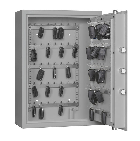 Schlüsseltresor mit Elektronischem Schloss geöffneter Türe und Schlüssel hängend im Innenraum In Frontalansicht