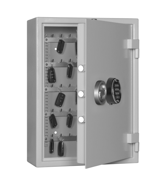 Schlüsseltresor mit Elektronischem Schloss angelehnte Türe und Schlüssel hängend im Innenraum In Frontalansicht